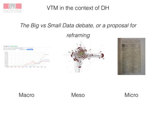 VTM in the context of DH
The Big vs Small Data debate, or a proposal for
reframing
Macro MicroMeso
 