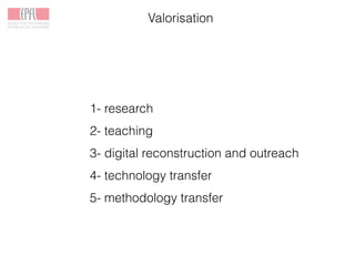 Valorisation
1- research
2- teaching
3- digital reconstruction and outreach
4- technology transfer
5- methodology transfer
 