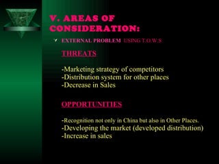 V. AREAS OF CONSIDERATION: EXTERNAL PROBLEM   USING T.O.W.S THREATS -Marketing strategy of competitors -Distribution system for other places -Decrease in Sales OPPORTUNITIES - Recognition not only in China but also in Other Places. -Developing the market (developed distribution) -Increase in sales 