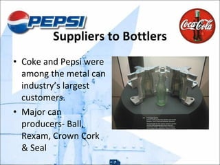 Suppliers to Bottlers Coke and Pepsi were among the metal can industry’s largest customers. Major can producers- Ball, Rexam, Crown Cork & Seal 