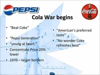 Cola War begins “ Beat Coke”  “ Pepsi Generation” “ young at heart.” Concentrate Price 20% lower 1970 – larger bottlers “ American’s preferred taste”  “ No wonder Coke refreshes best” 