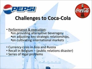 Challenges to Coca-Cola Performance & execution :  on providing alternative beverages  on adjusting key strategic relationships,  on cultivating international markets Currency crisis in Asia and Russia Recall in Belgium – (public relations disaster) Series of legal problems 