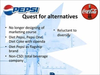 Quest for alternatives No longer designing of marketing course  Diet Pepsi, Pepsi One, Diet Coke with slpenda Diet Pepsi as flagship brand Non-CSD: total beverage company Reluctant to diversify 
