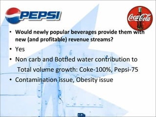 Would newly popular beverages provide them with new (and profitable) revenue streams? Yes Non carb and Bottled water contribution to Total volume growth: Coke-100%, Pepsi-75 Contamination issue, Obesity issue 