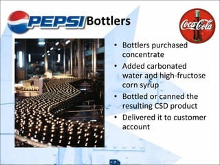 Bottlers  Bottlers purchased concentrate  Added carbonated water and high-fructose corn syrup  Bottled or canned the resulting CSD product Delivered it to customer account  