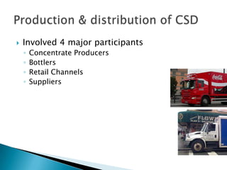  Involved 4 major participants
◦ Concentrate Producers
◦ Bottlers
◦ Retail Channels
◦ Suppliers
 