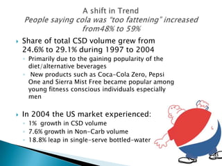    Share of total CSD volume grew from
    24.6% to 29.1% during 1997 to 2004
    ◦ Primarily due to the gaining popularity of the
      diet/alternative beverages
    ◦ New products such as Coca-Cola Zero, Pepsi
      One and Sierra Mist Free became popular among
      young fitness conscious individuals especially
      men

   In 2004 the US market experienced:
    ◦ 1% growth in CSD volume
    ◦ 7.6% growth in Non-Carb volume
    ◦ 18.8% leap in single-serve bottled-water volume
 