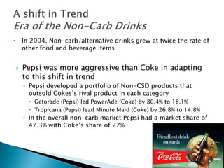 • In 2004, Non-carb/alternative drinks grew at twice the rate of
  other food and beverage items


   Pepsi was more aggressive than Coke in adapting
    to this shift in trend
    ◦ Pepsi developed a portfolio of Non-CSD products that
      outsold Cokes’s rival product in each category
      Getorade (Pepsi) led PowerAde (Coke) by 80.4% to 18.1%
      Tropicana (Pepsi) lead Minute Maid (Coke) by 26.8% to 14.8%
    ◦ In the overall non-carb market Pepsi had a market share of
      47.3% with Coke’s share of 27%
 