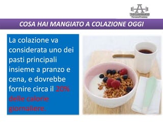 COSA HAI MANGIATO A COLAZIONE OGGI
La colazione va
considerata uno dei
pasti principali
insieme a pranzo e
cena, e dovrebbe
fornire circa il 20%
delle calorie
giornaliere.
 