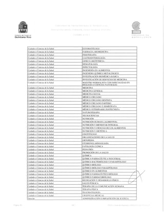 }l
Cuidado o Ciencias de la Salud ESTOMATÓLOGO
Cuidado o Ciencias de la Salud FARMACIA, BIOMEDICINA
Cuidado o Ciencias de la Salud FISIOTERAPIA
Cuidado o Ciencias de la Salud GASTROENTEROLOGÍA
Cuidado o Ciencias de la Salud GINECO-OBSTETRICIA
Cuidado o Ciencias de la Salud HEMATOLOGÍA
Cuidado o Ciencias de la Salud INFECTOLOGÍA
Cuidado o Ciencias de la Salud INGENIERÍA EN ALIMENTOS
Cuidado o Ciencias de la Salud INGENIERO QUÍMICO METALÚRGICO
Cuidado o Ciencias de la Salud INVESTIGACIÓN BIOMÉDICA BÁSICA
Cuidado o Ciencias de la Salud INVESTIGACIÓN DE SERVICIOS DE MEDICINA
Cuidado o Ciencias de la Salud MAESTRO NORMALISTA CON ESPECIALIDAD EN
BIOLOGÍA O CIENCIAS NATURALES
Cuidado o Ciencias de la Salud MEDICINA
Cuidado o Ciencias de la Salud MEDICINA GENERAL
Cuidado o Ciencias de la Salud MEDICINA SOCIAL
Cuidado o Ciencias de la Salud MÉDICO CIRUJANO
Cuidado o Ciencias de la Salud MÉDICO CIRUJANO DENTISTA
Cuidado o Ciencias de la Salud MÉDICO CIRUJANO PARTERO
Cuidado o Ciencias de la Salud MÉDICO CIRUJANO Y HOMEÓPATA
Cuidado o Ciencias de la Salud MÉDICO VETERINARIO ZOOTECNISTA
Cuidado o Ciencias de la Salud NATUROTERAPIA
Cuidado o Ciencias de la Salud NEUROCIENCIAS
Cuidado o Ciencias de la Salud NUTRICIÓN
Cuidado o Ciencias de la Salud NUTRICIÓN HUMANA (ALIMENTOS)
Cuidado o Ciencias de la Salud NUTRICIÓN Y BIENESTAR INTEGRAL
Cuidado o Ciencias de la Salud NUTRICIÓN Y CIENCIAS DE LOS ALIMENTOS
Cuidado o Ciencias de la Salud NUTRICIÓN Y DIETÉTICA
Cuidado o Ciencias de la Salud ODONTÓLOGO
Cuidado o Ciencias de la Salud ORGANIZACIONES DE LA SALUD
Cuidado o Ciencias de la Salud ORTOPEDIA
Cuidado o Ciencias de la Salud OTORRINOLARINGOLOGÍA
Cuidado o Ciencias de la Salud PATOLOGÍA CLÍNICA
Cuidado o Ciencias de la Salud PEDIATRÍA
Cuidado o Ciencias de la Salud PROMOCIÓN DE LA SALUD
Cuidado o Ciencias de la Salud IQUÍMICA
Cuidado o Ciencias de la Salud IOUÍMICA FARMACÉUTICA INDUSTRIAL
Cuidado o Ciencias de la Salud 1 QUÍMICO BACTERIÓLOGO Y PARASITÓLOGO
Cuidado o Ciencias de la Salud QUÍMICO BIÓLOGO
Cuidado o Ciencias de la Salud QUÍMICO BIÓLOGO PARASITÓLOGO
Cuidado o Ciencias de la Salud 1 QUÍMICO EN ALIMENTOS /
>(Cuidado o Ciencias de la Salud 1 QUÍMICO FARMACÉUTICO BIÓLOGO /
Cuidado o Ciencias de la Salud QUÍMICO FARMACOBIÓLOGO 1
Cuidado o Ciencias de la Salud RECREACIÓN Y DESARROLLO FÍSICO 1 /
Cuidado o Ciencias de la Salud SALUD PÚBLICA L/
Cuidado o Ciencias de la Salud TERAPIA DE LA COMUNICACIÓN HUMANA
Cuidado o Ciencias de la Salud TERAPIA FÍSICA
Cuidado o Ciencias de la Salud TRAUMATOLOGÍA
Cuidado o Ciencias de la Salud URGENCIAS MEDICAS
Derecho ADMINISTRACIÓN E IMPARTICIÓN DE JUSTICIA
V"1.1
 