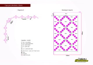 Capa para almofada e Manta


                   Diagrama 8                                            Modelagem (tapete)




                        Legenda - crochê
                             corr.: correntinha
                             p.bx.: ponto baixíssimo
                             p.b.: ponto baixo
                             p.a.: ponto alto

                             p.a.t.: ponto alto triplo
                             picô (3 corr., 1 p.bx. na 1ª das 3 corr.)
                             início
                             arremate
                               união com p.bx.



                                                                                              Criando com a
 