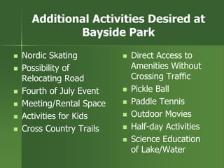 Additional Activities Desired at
Bayside Park
 Nordic Skating
 Possibility of
Relocating Road
 Fourth of July Event
 Meeting/Rental Space
 Activities for Kids
 Cross Country Trails
 Direct Access to
Amenities Without
Crossing Traffic
 Pickle Ball
 Paddle Tennis
 Outdoor Movies
 Half-day Activities
 Science Education
of Lake/Water
 