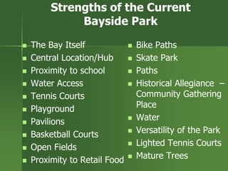 Strengths of the Current
Bayside Park
 The Bay Itself
 Central Location/Hub
 Proximity to school
 Water Access
 Tennis Courts
 Playground
 Pavilions
 Basketball Courts
 Open Fields
 Proximity to Retail Food
 Bike Paths
 Skate Park
 Paths
 Historical Allegiance –
Community Gathering
Place
 Water
 Versatility of the Park
 Lighted Tennis Courts
 Mature Trees
 