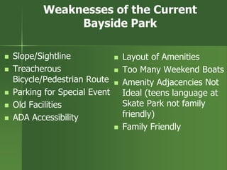 Weaknesses of the Current
Bayside Park
 Slope/Sightline
 Treacherous
Bicycle/Pedestrian Route
 Parking for Special Event
 Old Facilities
 ADA Accessibility
 Layout of Amenities
 Too Many Weekend Boats
 Amenity Adjacencies Not
Ideal (teens language at
Skate Park not family
friendly)
 Family Friendly
 