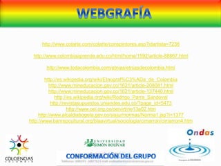 http://www.colarte.com/colarte/conspintores.asp?idartista=7236
http://www.colombiaaprende.edu.co/html/home/1592/article-88867.html
http://www.todacolombia.com/etnias/etniasdecolombia.html
http://es.wikipedia.org/wiki/Etnograf%C3%ADa_de_Colombia
http://www.mineducacion.gov.co/1621/article-208081.html
http://www.mineducacion.gov.co/1621/article-137440.html
http://es.wikipedia.org/wiki/Rodrigo_Parra_Sandoval
http://revistasupuestos.uniandes.edu.co/?page_id=5473
http://www.oei.org.co/oeivirt/rie13a02.htm
http://www.alcaldiabogota.gov.co/sisjur/normas/Norma1.jsp?i=1377
http://www.banrepcultural.org/blaavirtual/sociologia/cimarron/cimarron4.htm
 