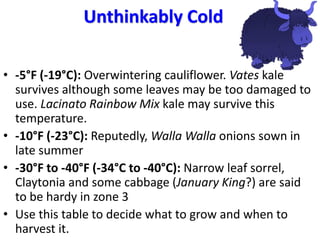 Unthinkably Cold
• -5°F (-19°C): Overwintering cauliflower. Vates kale
survives although some leaves may be too damaged to
use. Lacinato Rainbow Mix kale may survive this
temperature.
• -10°F (-23°C): Reputedly, Walla Walla onions sown in
late summer
• -30°F to -40°F (-34°C to -40°C): Narrow leaf sorrel,
Claytonia and some cabbage (January King?) are said
to be hardy in zone 3
• Use this table to decide what to grow and when to
harvest it.
 