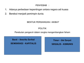 PENYEBAB :
1. Adanya perbedaan kepentingan antara negara adi kuasa
2. Berebut menjadi pemimpin dunia.
BENTUK PERSAINGAN / AKIBAT
POLITIK
Perebutan pengaruh dalam rangka mengembangkan faham
Barat – Amerika Serikat
DEMOKRASI - KAPITALIS
Timur – Uni Sovyet
SOSIALIS - KOMUNIS
 