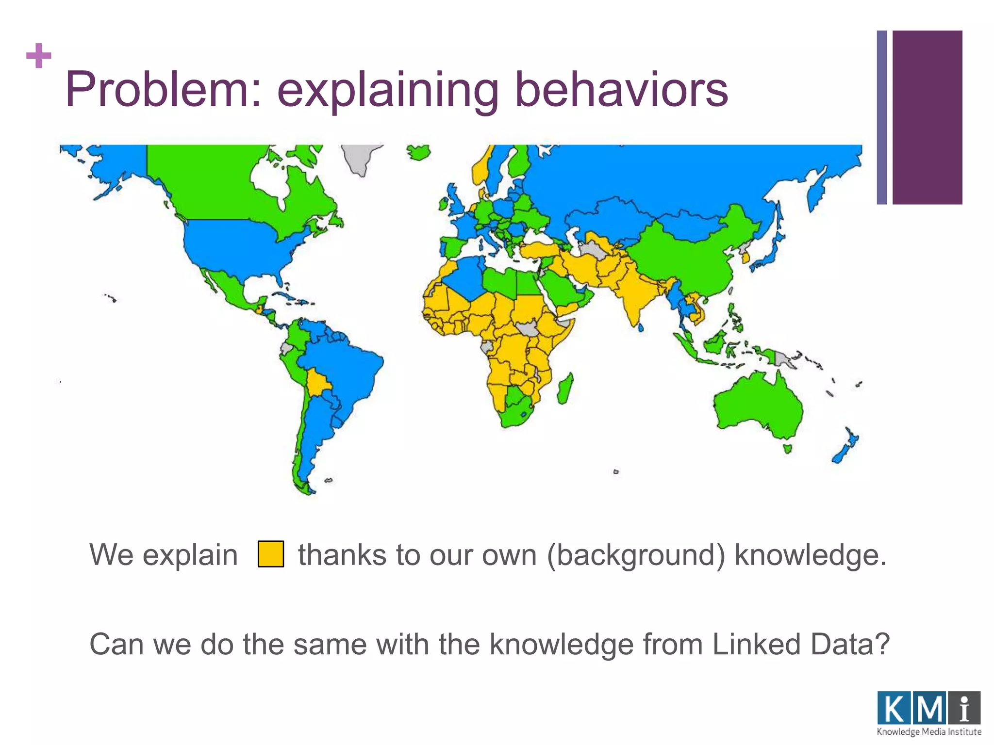 + 
Problem: explaining behaviors 
We explain thanks to our own (background) knowledge. 
Can we do the same with the knowledge from Linked Data? 
 