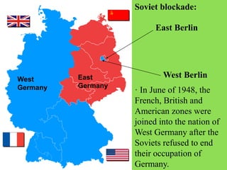 · In June of 1948, the
French, British and
American zones were
joined into the nation of
West Germany after the
Soviets refused to end
their occupation of
Germany.
Soviet blockade:
West
Germany
East
Germany
West Berlin
East Berlin
 