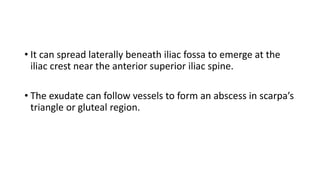 • It can spread laterally beneath iliac fossa to emerge at the
iliac crest near the anterior superior iliac spine.
• The exudate can follow vessels to form an abscess in scarpa’s
triangle or gluteal region.
 