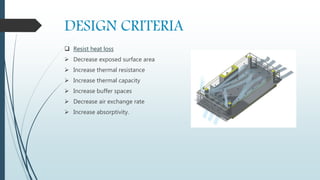 DESIGN CRITERIA
 Resist heat loss
 Decrease exposed surface area
 Increase thermal resistance
 Increase thermal capacity
 Increase buffer spaces
 Decrease air exchange rate
 Increase absorptivity.
 