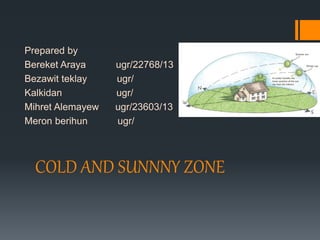 COLD AND SUNNNY ZONE
Prepared by
Bereket Araya ugr/22768/13
Bezawit teklay ugr/
Kalkidan ugr/
Mihret Alemayew ugr/23603/13
Meron berihun ugr/
 