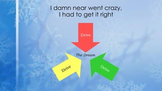 Drive
I damn near went crazy,
I had to get it right
The Dream