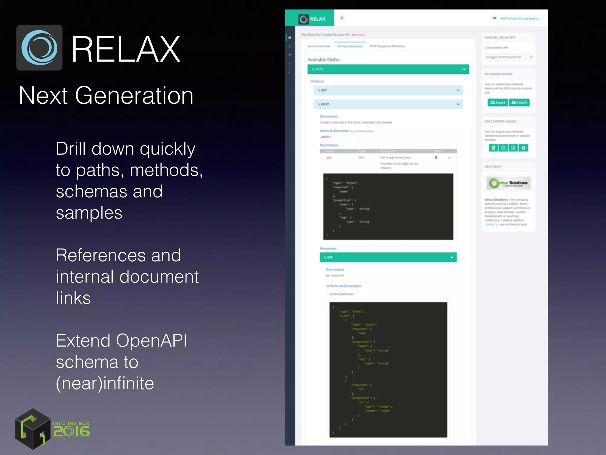 Next Generation
RELAX
Drill down quickly
to paths, methods,
schemas and
samples 
References and
internal document
links 
Extend OpenAPI
schema to
(near)inﬁnite
 