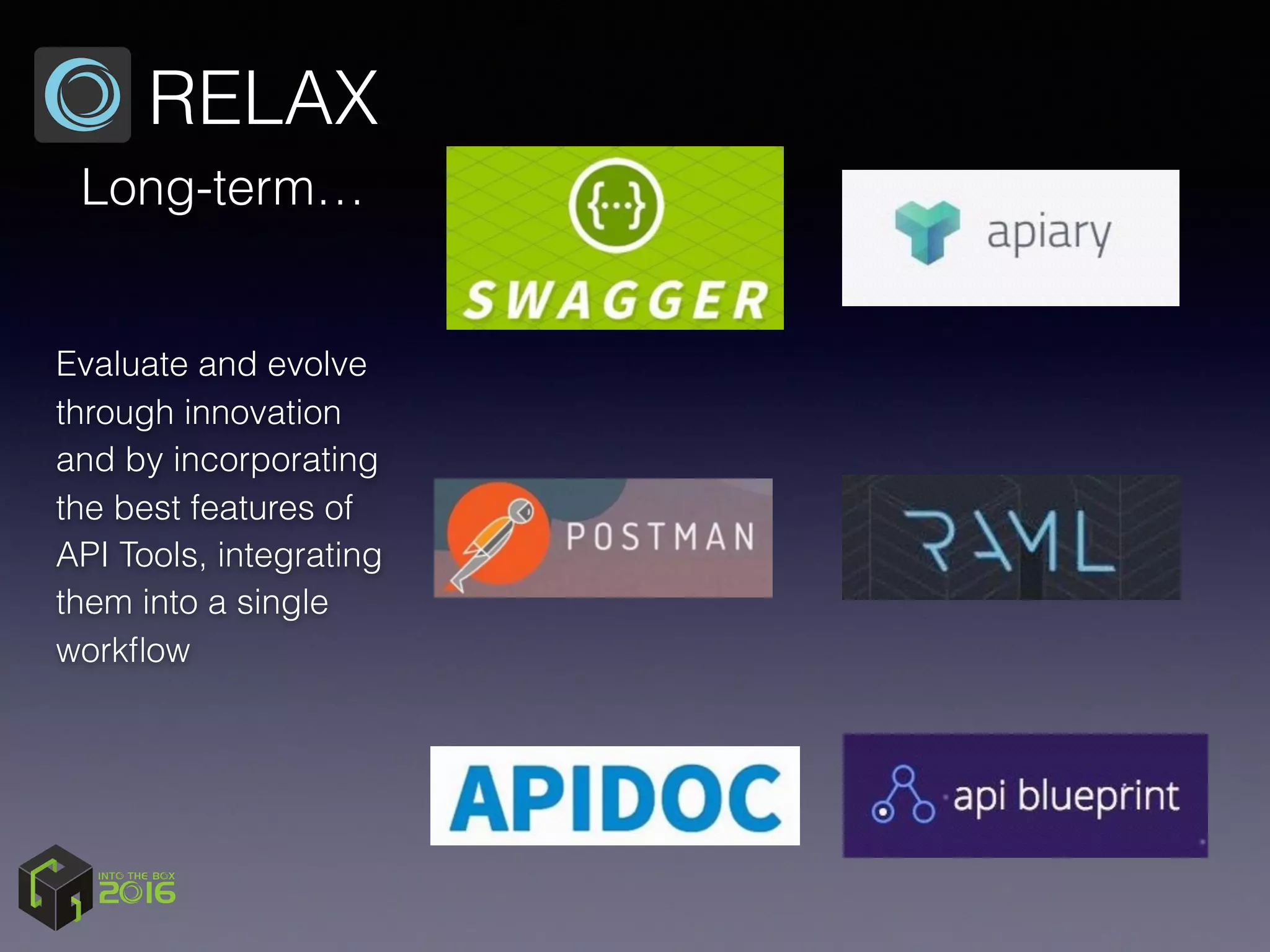 Long-term…
RELAX
Evaluate and evolve
through innovation
and by incorporating
the best features of
API Tools, integrating
them into a single
workﬂow
 