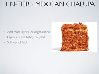 3. N-TIER - MEXICAN CHALUPA
• Add more layers for organization
• Layers are still tightly coupled
• Still monolithic!
 
