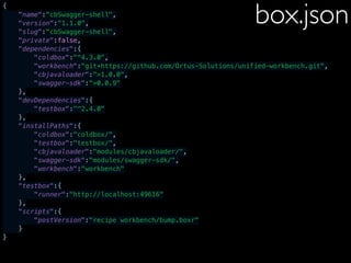 {
"name":"cbSwagger-shell",
"version":"1.1.0",
"slug":"cbSwagger-shell",
"private":false,
"dependencies":{
"coldbox":"^4.3.0",
"workbench":"git+https://github.com/Ortus-Solutions/unified-workbench.git",
"cbjavaloader":">1.0.0",
"swagger-sdk":">0.0.9"
},
"devDependencies":{
"testbox":"^2.4.0"
},
"installPaths":{
"coldbox":"coldbox/",
"testbox":"testbox/",
"cbjavaloader":"modules/cbjavaloader/",
"swagger-sdk":"modules/swagger-sdk/",
"workbench":"workbench"
},
"testbox":{
"runner":"http://localhost:49616"
},
"scripts":{
"postVersion":"recipe workbench/bump.boxr"
}
}
box.json
 