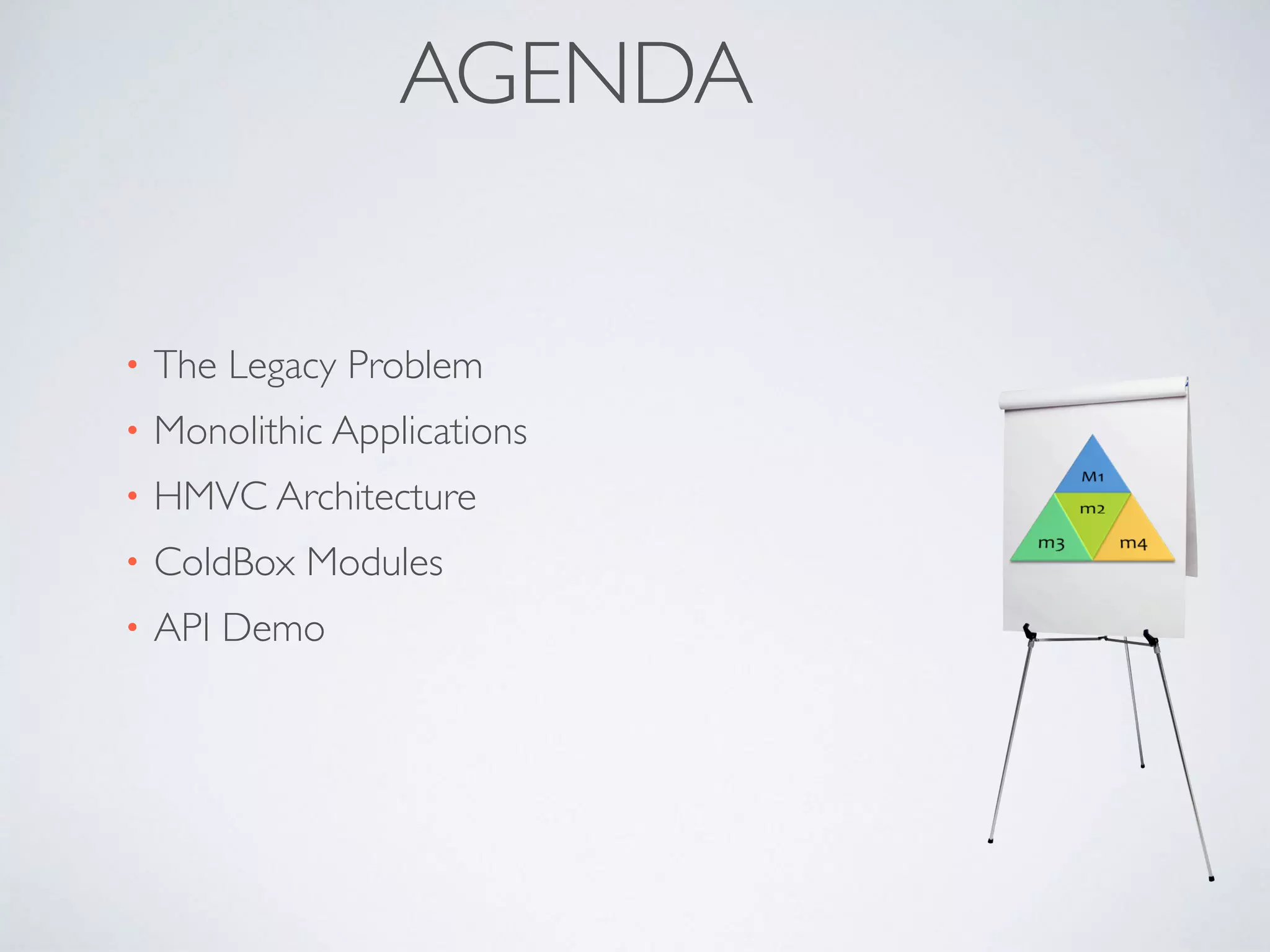 AGENDA
• The Legacy Problem
• Monolithic Applications
• HMVC Architecture
• ColdBox Modules
• API Demo
 