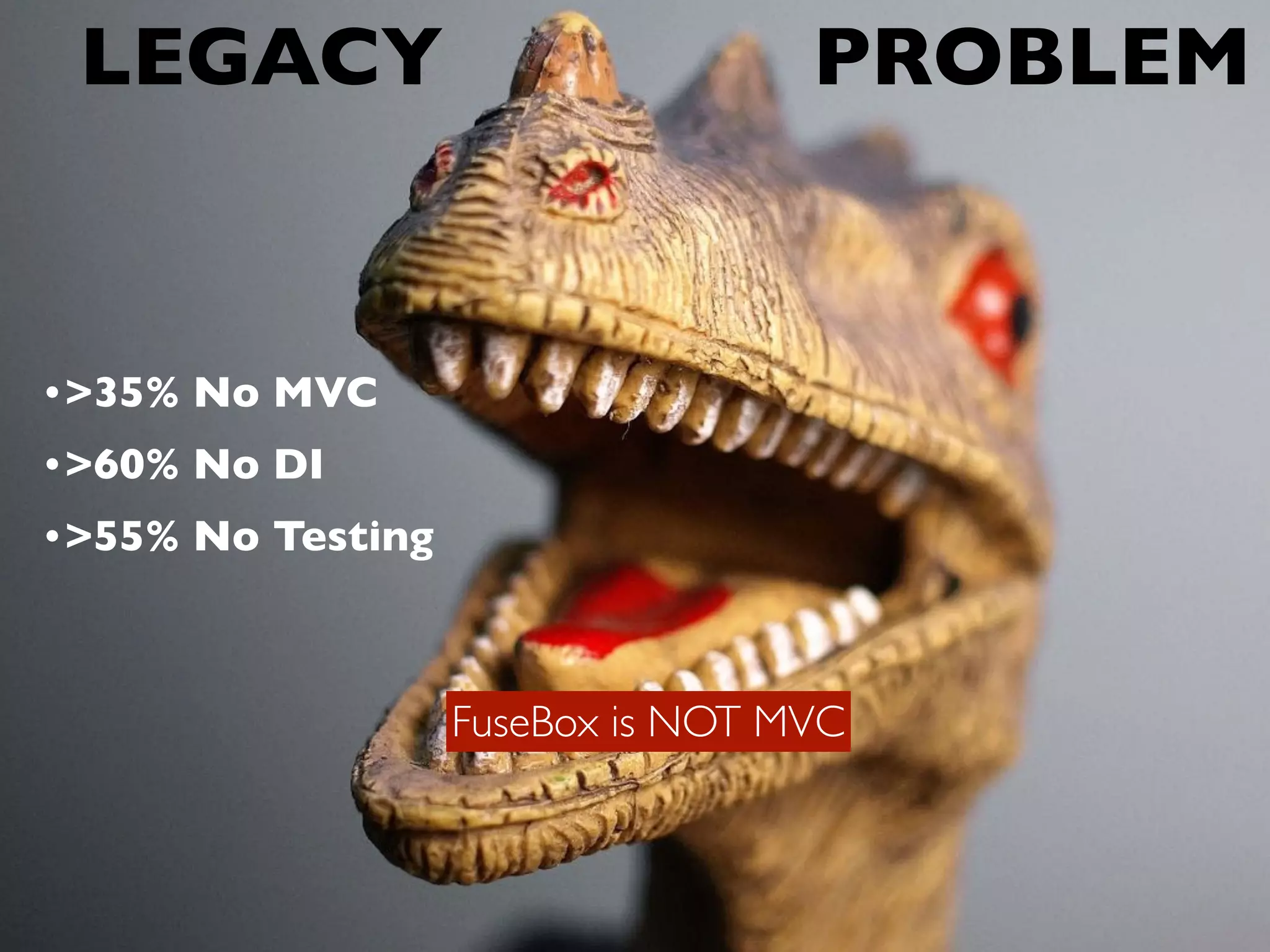 LEGACY PROBLEM
•>35% No MVC
•>60% No DI
•>55% No Testing
FuseBox is NOT MVC
 