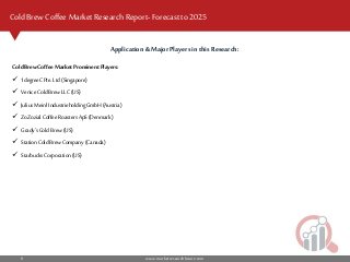 www.marketresearchfuture.com6
Cold Brew Coffee Market Research Report- Forecast to 2025
Application &Major Playersin this Research:
ColdBrewCoffee MarketProminentPlayers:
 1degreeCPte. Ltd (Singapore)
 Venice Cold BrewLLC(US)
 JuliusMeinl IndustrieholdingGmbH (Austria)
 ZoZozial CoffeeRoastersApS(Denmark)
 Grady'sCold Brew(US)
 Station ColdBrewCompany (Canada)
 StarbucksCorporation(US)
 