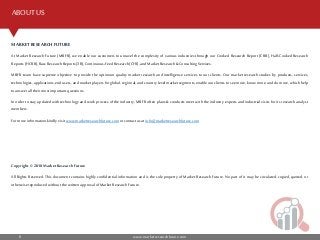 www.marketresearchfuture.com8
ABOUT US
MARKETRESEARCHFUTURE
At Market Research Future (MRFR), we enable our customers to unravel the complexity of various industries through our Cooked Research Report (CRR), Half-Cooked Research
Reports(HCRR), Raw ResearchReports(3R),Continuous-FeedResearch(CFR),andMarket Research& ConsultingServices.
MRFR team have supreme objective to provide the optimum quality market research and intelligence services to our clients. Our market research studies by products, services,
technologies, applications, end users, and market players for global, regional, and country level market segments, enable our clients to see more, know more, and do more, which help
toansweralltheirmost importantquestions.
In order to stay updated with technology and work process of the industry, MRFR often plans & conducts meet with the industry experts and industrial visits for its research analyst
members.
Formore informationkindlyvisit www.marketresearchfuture.comor contactus at info@marketresearchfuture.com
Copyright © 2018Market Research Future
All Rights Reserved. This document contains highly confidential information and is the sole property of Market Research Future. No part of it may be circulated, copied, quoted, or
otherwisereproducedwithout thewritten approvalof Market ResearchFuture.
 