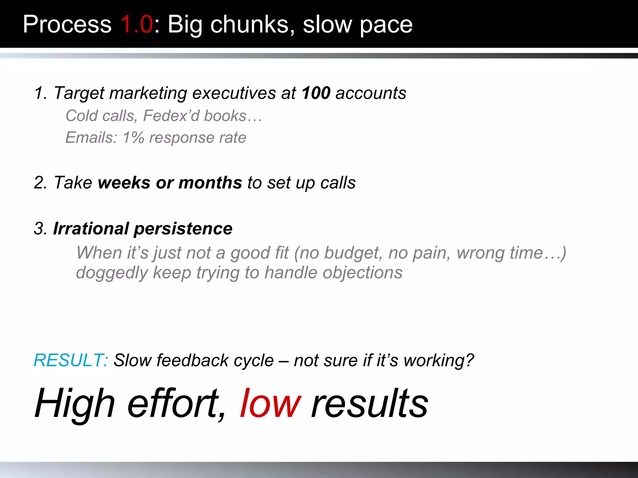 Process  1.0 : Big chunks, slow pace 1. Target marketing executives at  100  accounts Cold calls, Fedex’d books… Emails: 1% response rate 2. Take  weeks or months  to set up calls 3.  Irrational persistence   When it’s just not a good fit (no budget, no pain, wrong time…)  doggedly keep trying to handle objections   RESULT:  Slow feedback cycle – not sure if it’s working? High effort,  low  results 