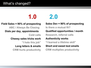 What’s changed? Field Sales = 90% of prospecting ABC / Always Be Closing   Dials per day, appointments  Cold calls Cheesy sales tricks work “ I hate this job” Long letters & emails CRM hurts productivity 1.0   2.0 Sales Dev = 90% of prospecting Is there a mutual fit? Qualified opportunities / month Research, referral calls Authenticity works “ I learned a lifetime skill” Short and sweet text emails CRM multiplies productivity 