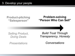 3.   Develop your people Product-pitching “ Salesperson” Selling Product, Doing Deals Presentations Problem-solving “ Person Who Can Sell” Build Trust Through Transparency, Honesty Conversations 