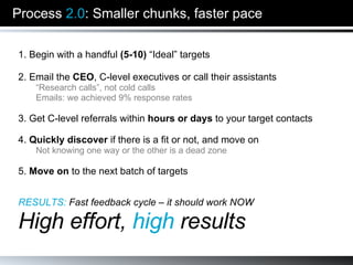 Process  2.0 : Smaller chunks, faster pace 1. Begin with a handful  (5-10)  “Ideal” targets 2. Email the  CEO , C-level executives or call their assistants “ Research calls”, not cold calls Emails: we achieved 9% response rates 3. Get C-level referrals within  hours or days  to your target contacts 4.  Quickly discover  if there is a fit or not, and move on Not knowing one way or the other is a dead zone 5.  Move on  to the next batch of targets RESULTS:   Fast feedback cycle – it should work NOW High effort,  high  results 