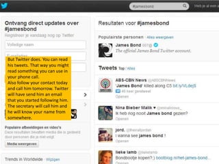 But Twitter does. You can read
his tweets. That way you might
read something you can use in
your phone call.
Also follow your contact today
and call him tomorrow. Twitter
will have send him an email
that you started following him.
The secretary will call him and
he will know your name from
somewhere.
 