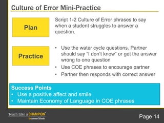 Script 1-2 Culture of Error phrases to say
when a student struggles to answer a
question.
Culture of Error Mini-Practice
Plan
• Use the water cycle questions. Partner
should say “I don’t know” or get the answer
wrong to one question
• Use COE phrases to encourage partner
• Partner then responds with correct answer
Success Points
• Use a positive affect and smile
• Maintain Economy of Language in COE phrases
Practice
Page 14
 
