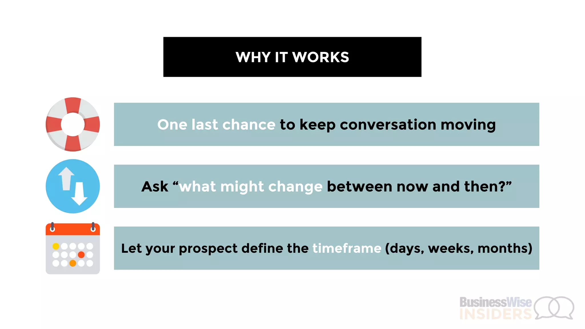 WHY IT WORKS
One last chance to keep conversation moving
Ask “what might change between now and then?”
Let your prospect define the timeframe (days, weeks, months)
 