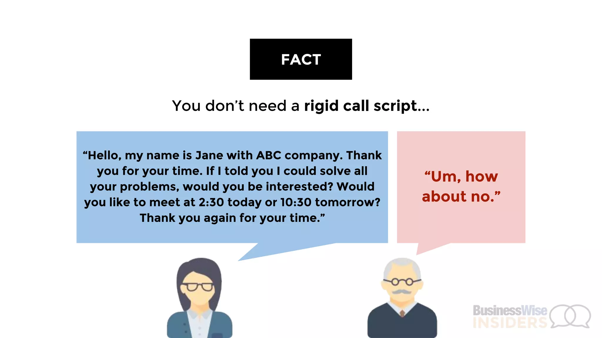 “Hello, my name is Jane with ABC company.
Thank you for your time. If I told you I could solve
all your problems, would you be interested?
Would you like to meet at 2:30 today or 10:30
tomorrow? Thank you again for your time.”
“Um, how
about no.”
FACT
You don’t need a RIGID CALL SCRIPT.
 