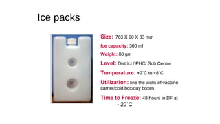 Size: 763 X 90 X 33 mm
Ice capacity: 360 ml
Weight: 80 gm
Level: District / PHC/ Sub Centre
Temperature: +2˚C to +8˚C
Utilization: line the walls of vaccine
carrier/cold box/day boxes
Time to Freeze: 48 hours in DF at
- 20˚C
Ice packs
 