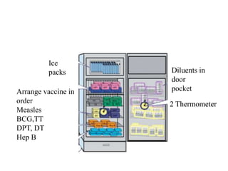 Ice
packs
Arrange vaccine in
order
Measles
BCG,TT
DPT, DT
Hep B
Diluents in
door
pocket
2 Thermometer
 