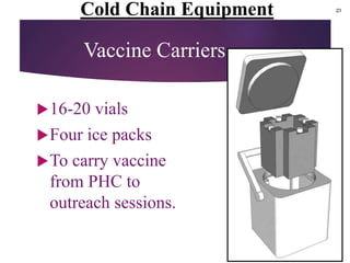 Vaccine Carriers
16-20 vials
Four ice packs
To carry vaccine
from PHC to
outreach sessions.
Cold Chain Equipment 21
 