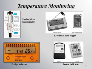Temperature Monitoring
Alcohol stem
thermometer
Electronic data logger
Fridge indicator Freeze indicator
29
 