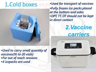 1.Cold boxes Used for transport of vaccines
Fully frozen ice packs placed
at the bottom and sides
DPT, TT, DT should not be kept
in direct contact
2.Vaccine
carriers
Used to carry small quantity of
vaccines(16 to 20 vials)
For out of reach sessions
4 icepacks are used
 