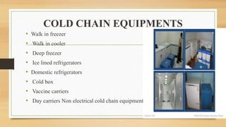 COLD CHAIN EQUIPMENTS
• Walk in freezer
• Walk in cooler
• Deep freezer
• Ice lined refrigerators
• Domestic refrigerators
• Cold box
• Vaccine carriers
• Day carriers Non electrical cold chain equipments
 