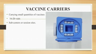 VACCINE CARRIERS
• Carrying small quantities of vaccines
• 16-20 vials
• Sub-centers or session sites.
 